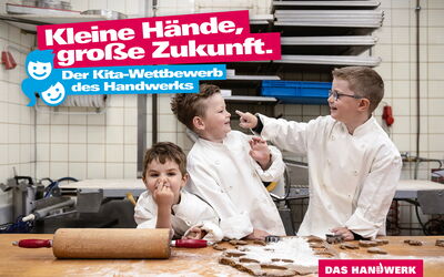 Emil, Moritz und Julius in der Backstube beim Start des Kita-Wettbewerbs 2025/2026
