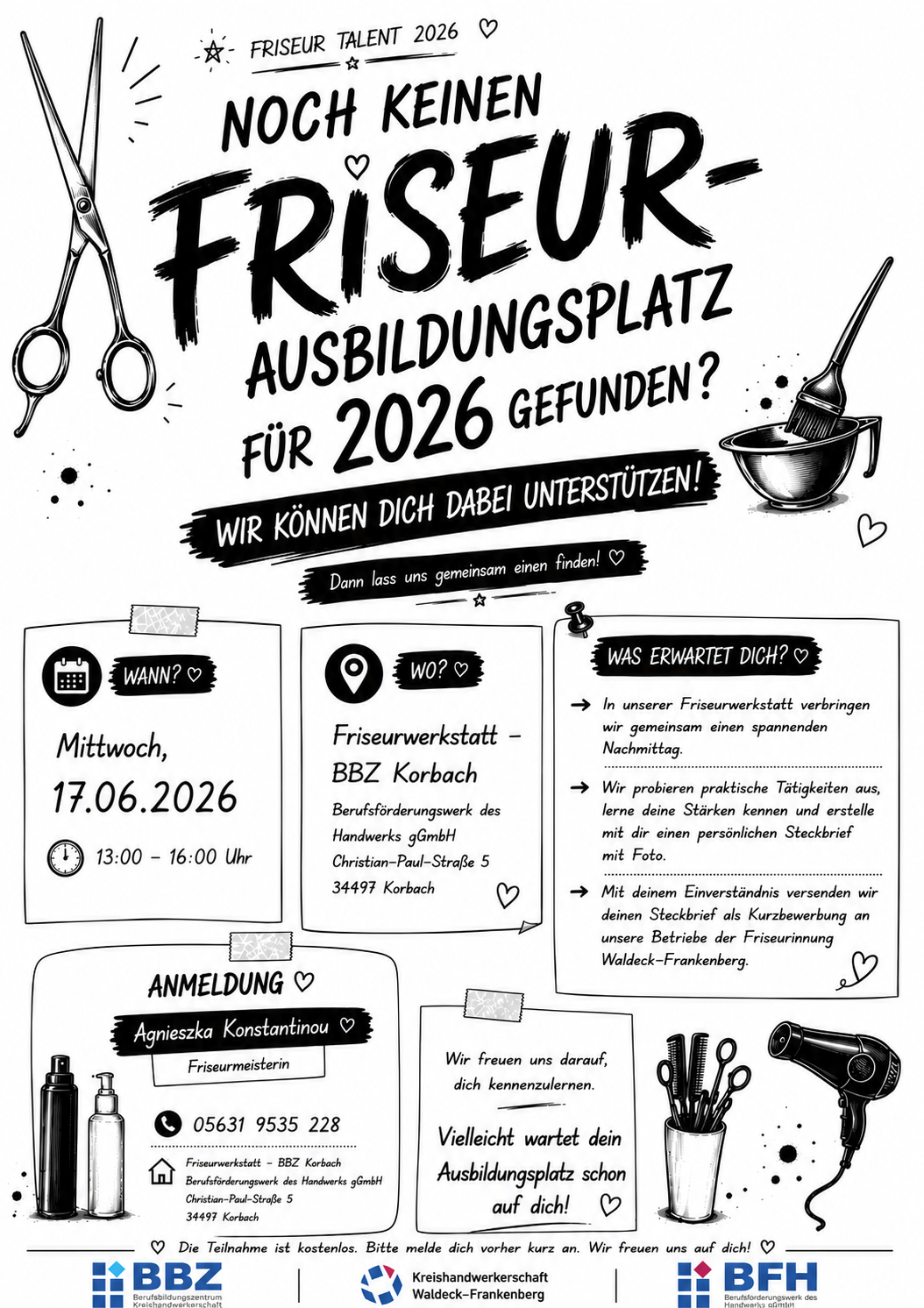Plakat zur Aktion Friseur Talent 2026 am 17.06.2026 in der Friseurwerkstatt des BBZ Korbach.